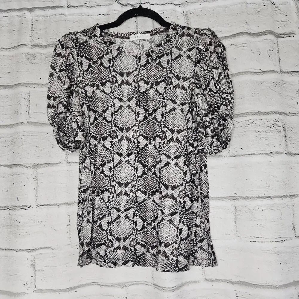 A.L.C. Womens Gray Kati Puff Sleeve Snake Skin Print Cotton T-Shirt Size Small